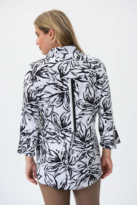 Joseph Ribkoff Vanilla/Black Floral Print 3/4 Sleeve Button-Down Top 231297 NEW