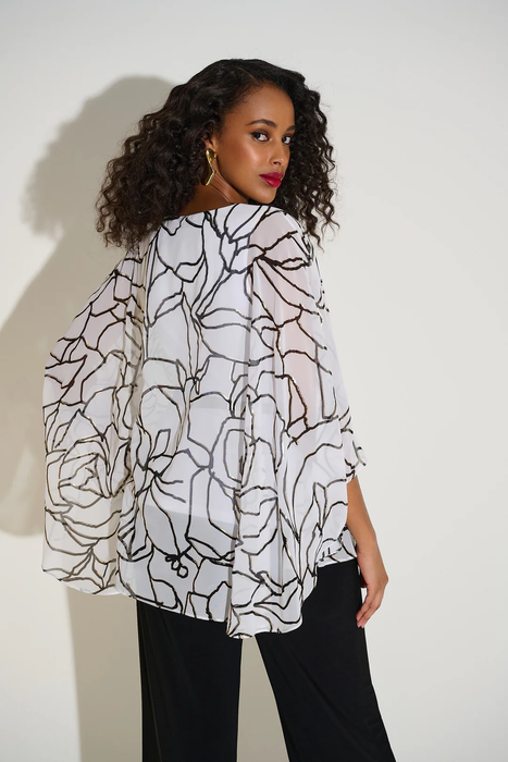 Joseph Ribkoff Vanilla/Black Floral Print V-Neck 3/4 Sleeves Poncho Top 253795