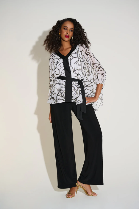 Joseph Ribkoff Vanilla/Black Floral Print V-Neck 3/4 Sleeves Poncho Top 253795