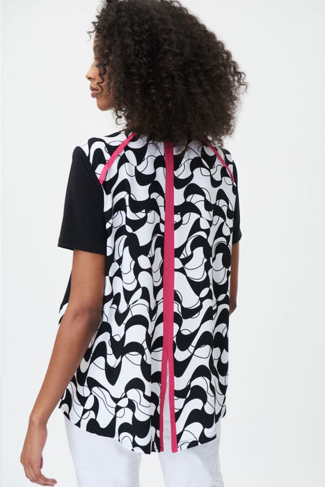 Joseph Ribkoff Vanilla/Black Geometric Print Short Sleeve Hi-Low Top 232243