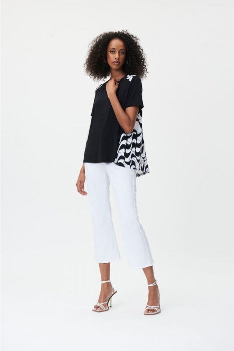 Joseph Ribkoff Vanilla/Black Geometric Print Short Sleeve Hi-Low Top 232243