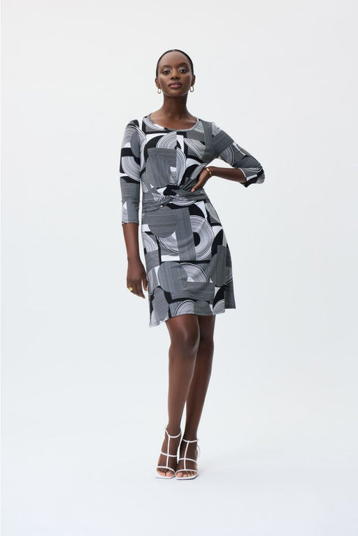 Joseph Ribkoff Style 231020 Vanilla/Black Geometric Print Twist-Front A-Line Dress