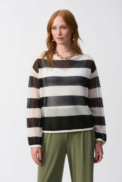 Joseph Ribkoff 251922 Vanilla/Black Striped Sweater Knit Pullover Top