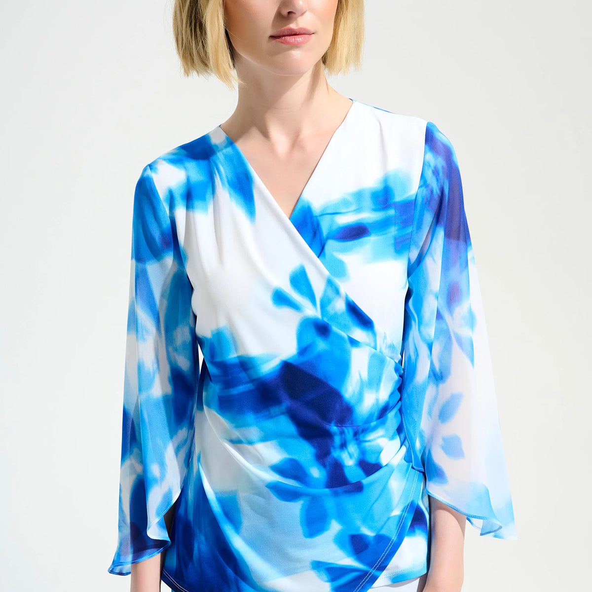 Joseph Ribkoff Vanilla/Blue Floral Chiffon Sleeves Wrap Top 261775