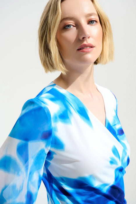 Joseph Ribkoff Vanilla/Blue Floral Chiffon Sleeves Wrap Top 261775