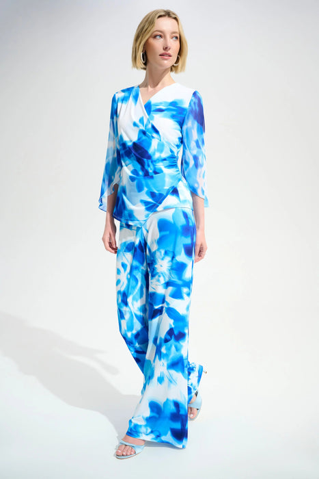 Joseph Ribkoff Vanilla/Blue Floral Chiffon Sleeves Wrap Top 261775
