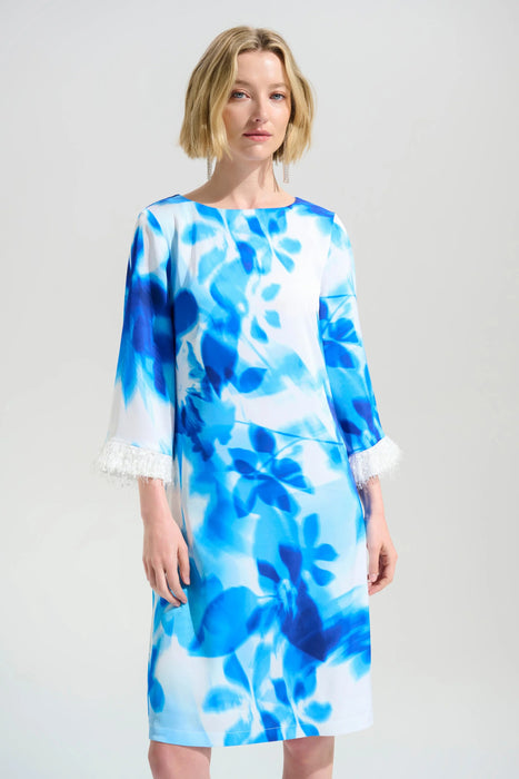 Joseph Ribkoff Vanilla/Blue Floral Fringe Cuff Satin Shift Dress 261728