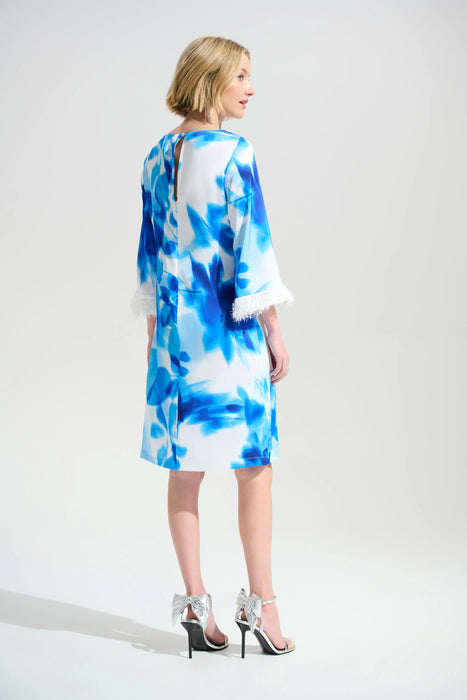 Joseph Ribkoff Vanilla/Blue Floral Fringe Cuff Satin Shift Dress 261728