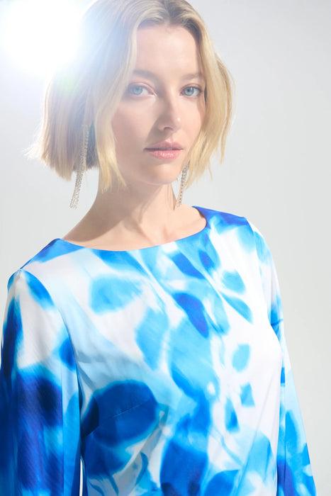 Joseph Ribkoff Vanilla/Blue Floral Fringe Cuff Satin Shift Dress 261728