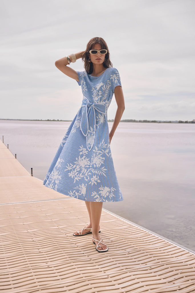 Joseph Ribkoff Vanilla/Blue Floral Stripe Fit And Flare Dress