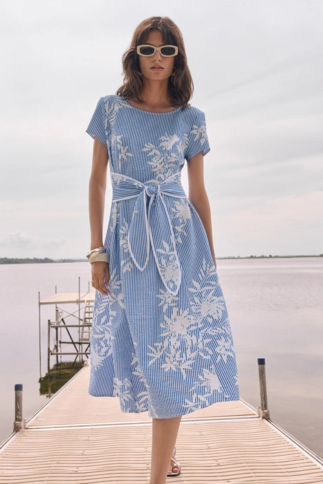 Joseph Ribkoff Vanilla/Blue Floral Stripe Fit And Flare Dress 262191