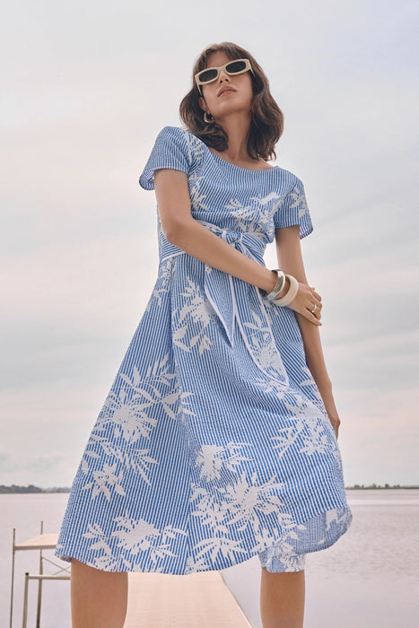 Joseph Ribkoff Vanilla/Blue Floral Stripe Fit And Flare Dress 262191
