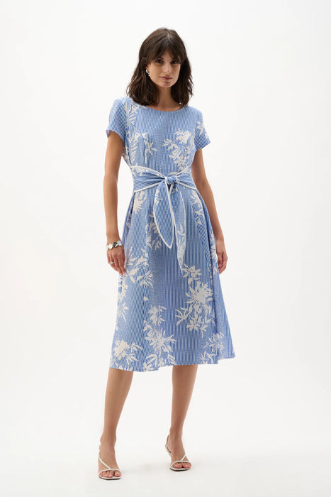Joseph Ribkoff Vanilla/Blue Floral Stripe Fit And Flare Dress 262191
