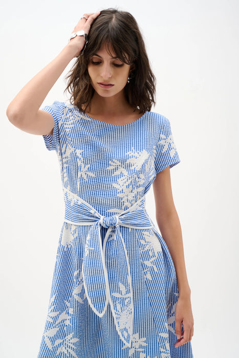 Joseph Ribkoff Vanilla/Blue Floral Stripe Fit And Flare Dress 262191