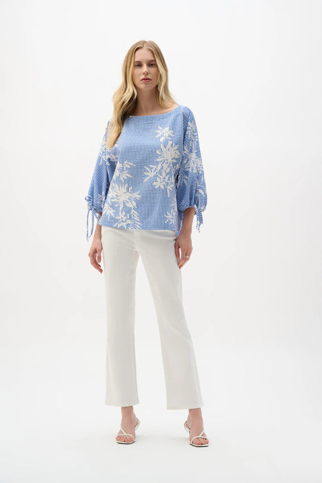 Joseph Ribkoff Vanilla/Blue Striped Floral Puff Sleeves Top 262067