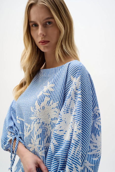 Joseph Ribkoff Vanilla/Blue Striped Floral Puff Sleeves Top 262067