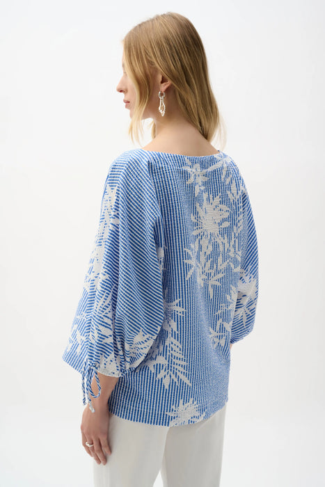 Joseph Ribkoff Vanilla/Blue Striped Floral Puff Sleeves Top 262067