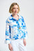Woman wearing a blue and white jacket with alternating floral print and shadow stripes from Joseph Ribkoff