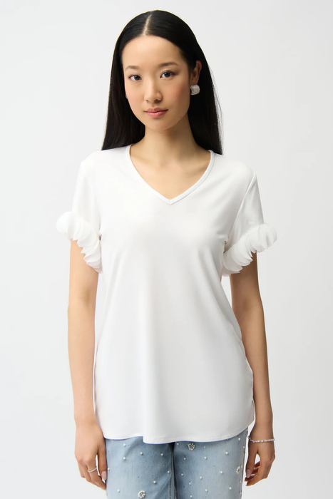 Joseph Ribkoff 261201 Vanilla Chiffon Fitted V-Neck Short Sleeves Tunic Top