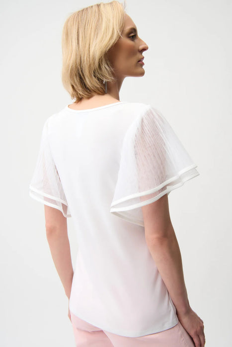Joseph Ribkoff Vanilla Crew Neck Pleated Mesh Flutter Sleeves Top 261115