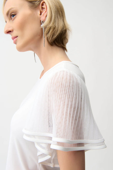Joseph Ribkoff Vanilla Crew Neck Pleated Mesh Flutter Sleeves Top 261115