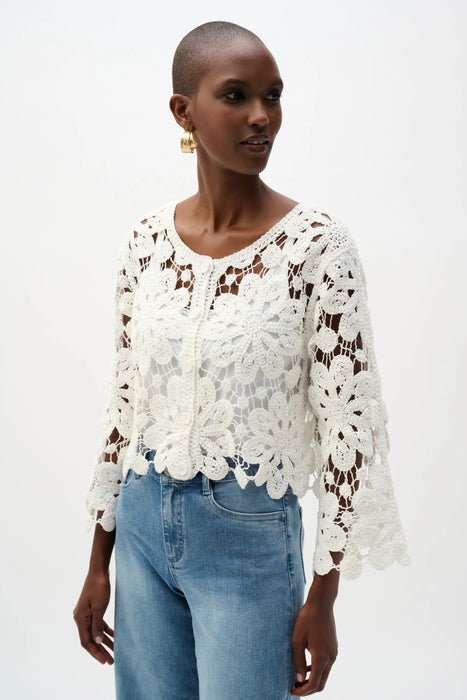 Joseph Ribkoff Vanilla Cotton Crochet Boxy Cardigan 262958