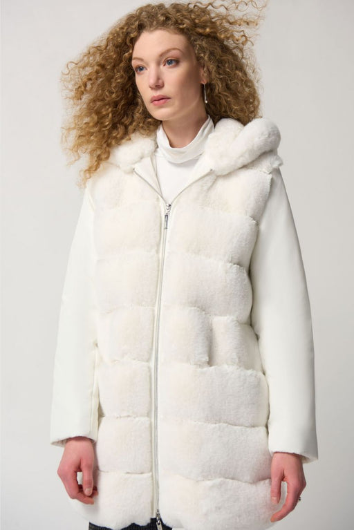 Joseph Ribkoff Style 233925 Vanilla Faux Fur Hooded Long Sleeve Zip-Up Coat