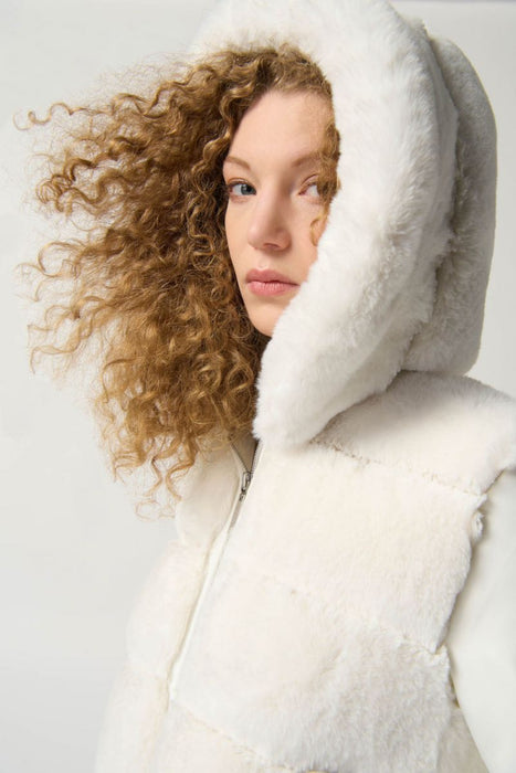 Joseph Ribkoff Vanilla Faux Fur Hooded Long Sleeve Zip-Up Coat 233925