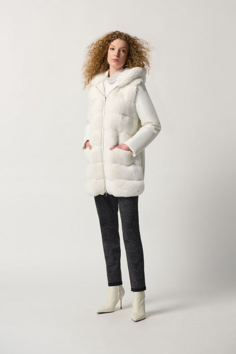 Joseph Ribkoff Vanilla Faux Fur Hooded Long Sleeve Zip-Up Coat 233925
