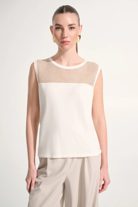 Woman wearing Joseph Ribkoff vanilla and gold mesh yoke cami top styled for office wear, layering under blazers, summer outings, and elegant casual looks.