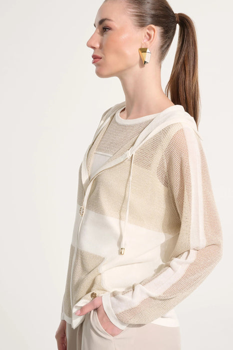 Joseph Ribkoff Vanilla/Gold Hooded Zip Front Knit Jacket 262613