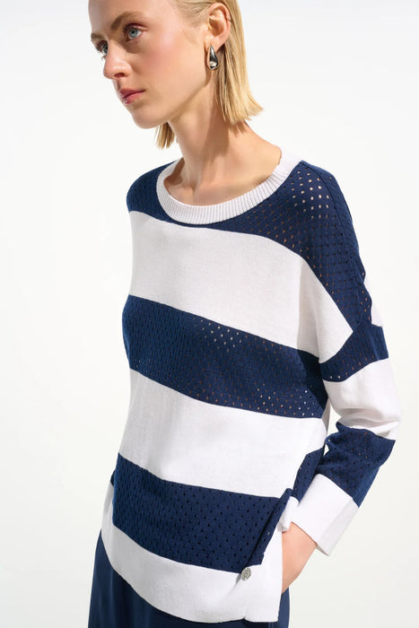 Joseph Ribkoff Vanilla/Indigo Striped 3/4 Sleeve Sweater Top 261635