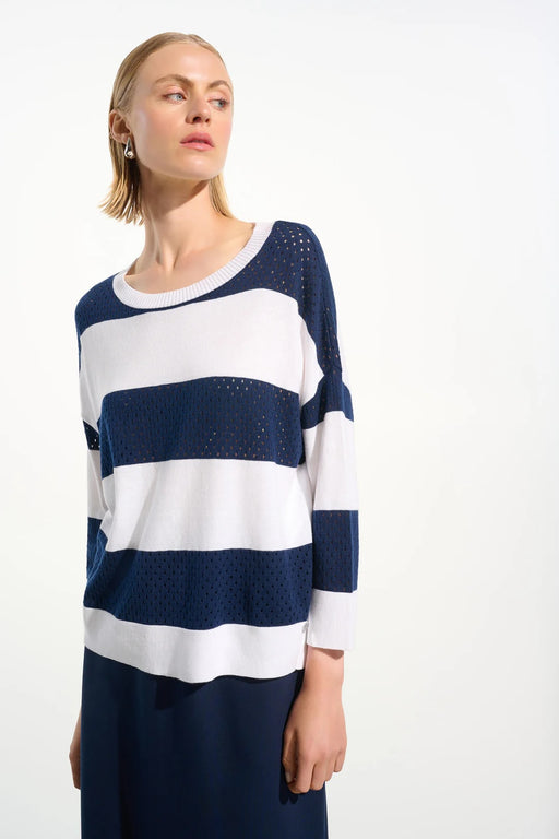 Joseph Ribkoff 261635 Vanilla/Indigo Stripe Print  Crew Neck Sweater Top
