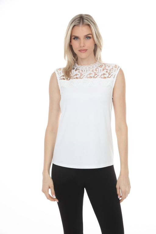 Woman wearing Joseph Ribkoff guipure lace fitted top for elegant office outfit