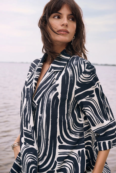 Joseph Ribkoff Vanilla/Midnight Blue Abstract Double-Breasted Blazer 262166