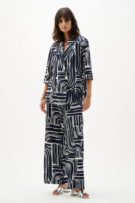 Joseph Ribkoff Vanilla/Midnight Blue Abstract Double-Breasted Blazer 262166