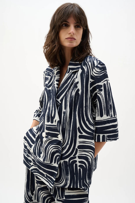 Joseph Ribkoff Vanilla/Midnight Blue Abstract Double-Breasted Blazer 262166