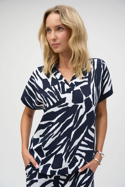 Joseph Ribkoff Style 252146 Vanilla/Midnight Blue Abstract Print Boxy Top