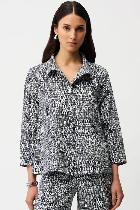 Joseph Ribkoff 261003 Vanilla/Midnight Blue Abstract Print Collared Trapeze Jacket