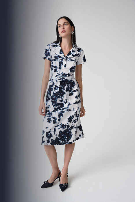 Joseph Ribkoff Vanilla/Midnight Blue Floral Print Flare Shirt Dress 261147
