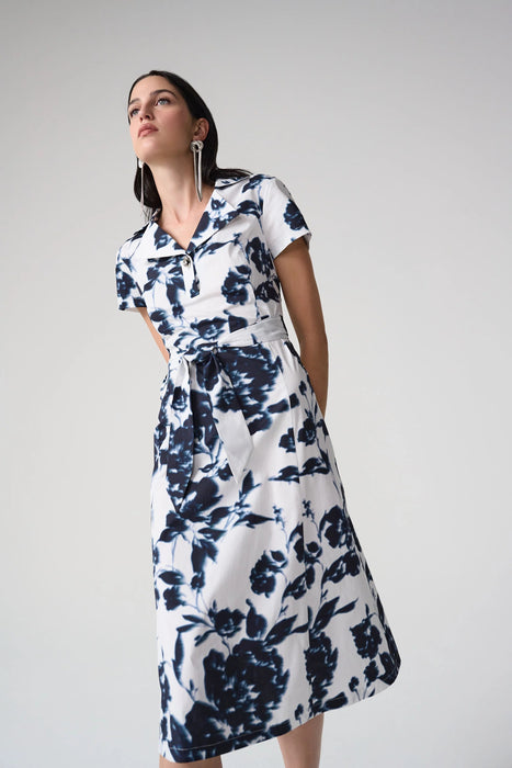 Joseph Ribkoff Vanilla/Midnight Blue Floral Print Flare Shirt Dress 261147