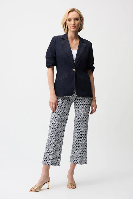 Woman wearing a geometric-patterned pull-on pants with crop flared leg from Joseph Ribkoff
