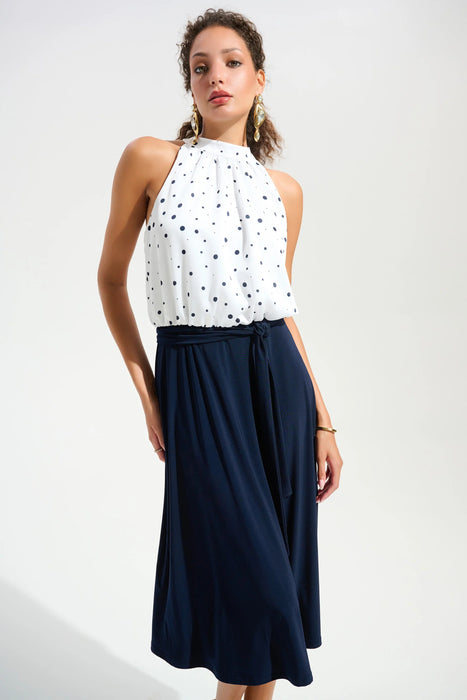 Joseph Ribkoff Vanilla/Midnight Blue Polka Dot Blouson Midi Dress 261750
