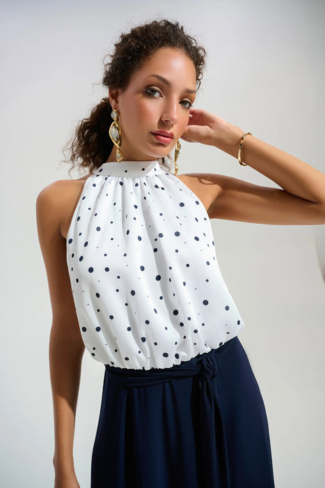 Joseph Ribkoff Vanilla/Midnight Blue Polka Dot Blouson Midi Dress 261750
