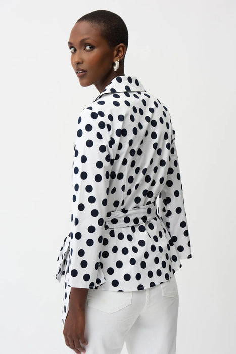 Joseph Ribkoff Vanilla/Midnight Blue Polka Dot 3/4 Sleeve Wrap Top 261118