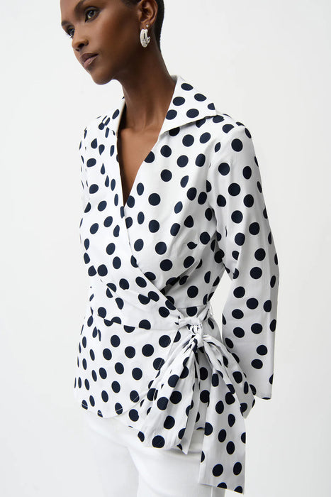Joseph Ribkoff Vanilla/Midnight Blue Polka Dot 3/4 Sleeve Wrap Top 261118