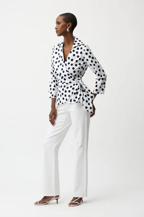 Joseph Ribkoff Vanilla/Midnight Blue Polka Dot 3/4 Sleeve Wrap Top 261118