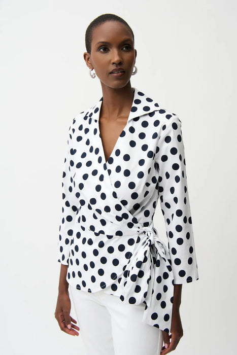 Joseph Ribkoff 261118 Vanilla/Midnight Blue Polka Dot Print Faux Wrap 3/4 Sleeve Top
