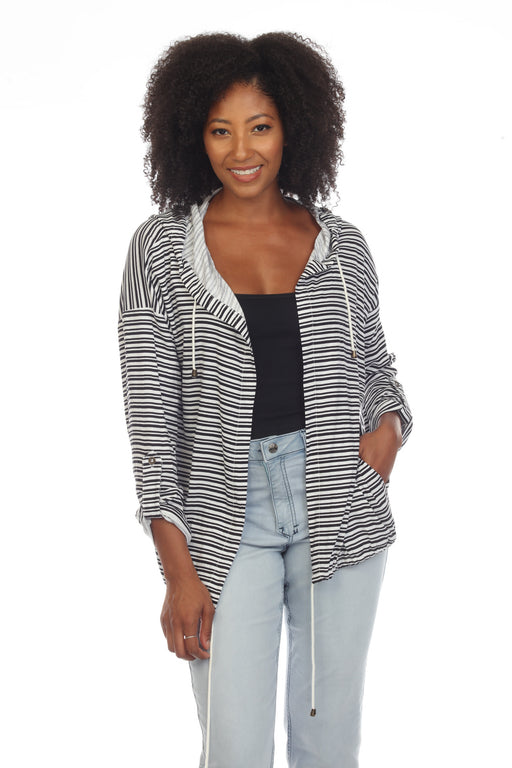 Joseph Ribkoff Style 231265 Vanilla/Midnight Blue Striped Open Front Hooded Roll-Tab Sleeve Cover-Up Jacket