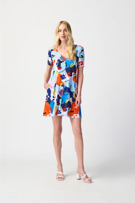 Joseph Ribkoff Style 241294 Vanilla/Multi Abstract Face Print Mini A-Line T-Shirt Dress